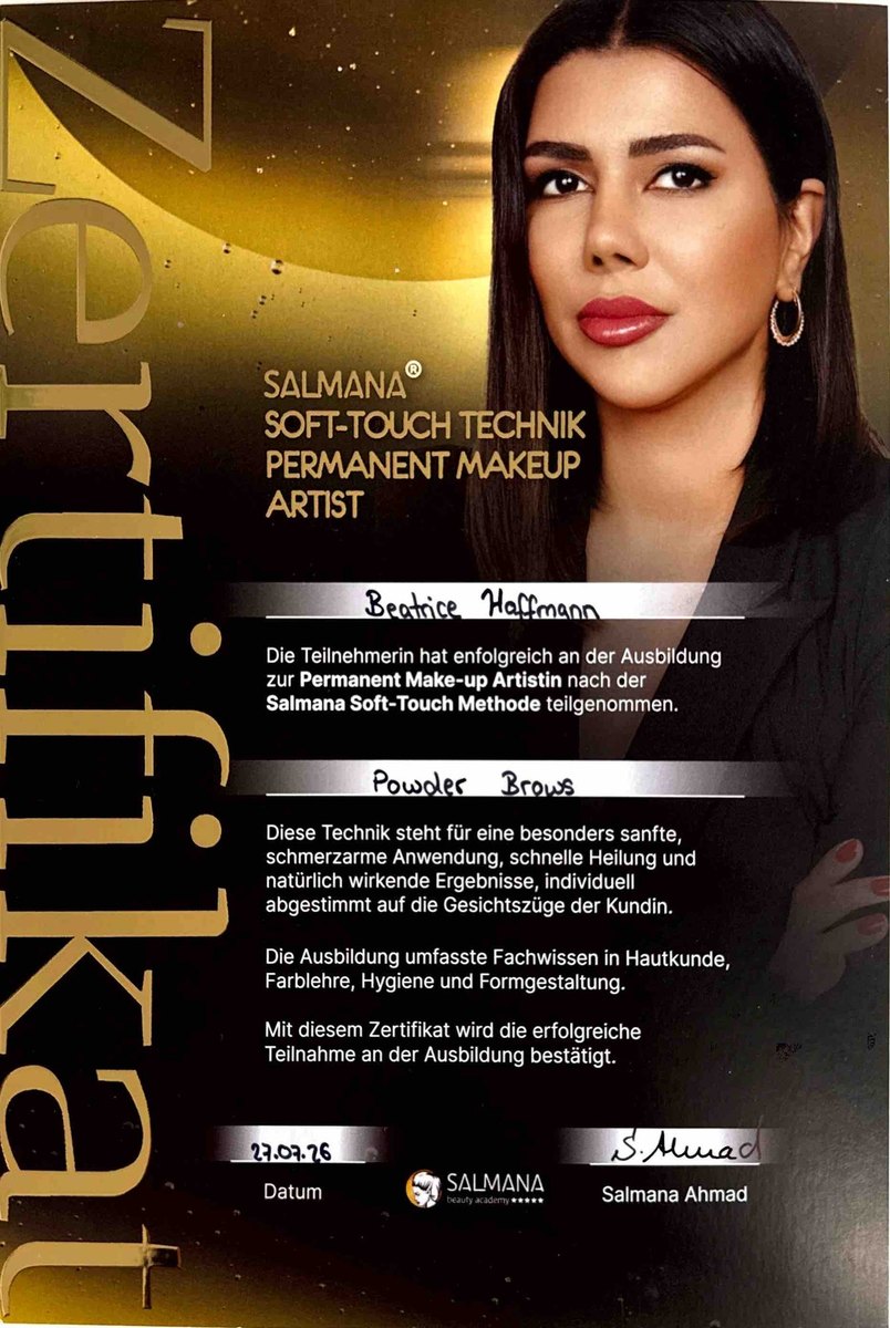 Zertifikat Powder Brows — Salmana Soft-Touch Technik, Beatrice Hoffmann